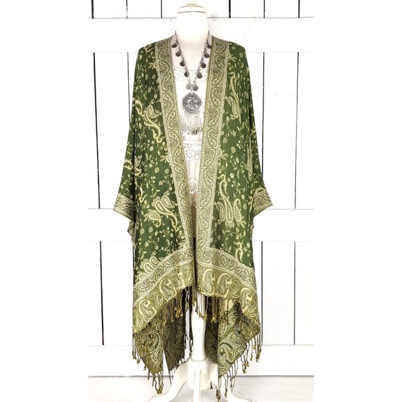 Green paisley floral fringe tassel pashmina kimono cardigan cover up jacket - Picture 2 of 5